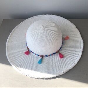 White Wide Brim Hat with Colorful Tassels